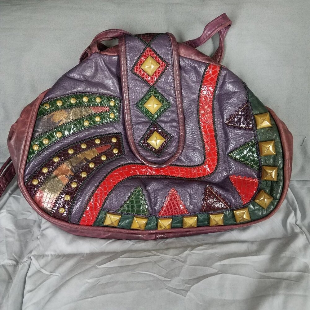Vintage 80's Fa-Cile Leather Purse Artsy Patchwork Art To Wear Studded USA Made